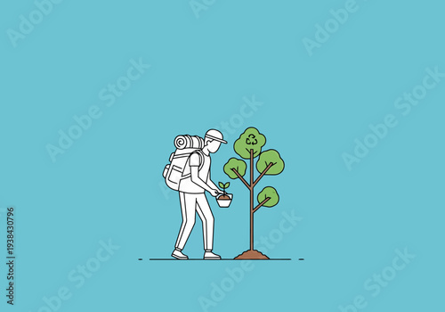 Adventurer Planting Young Tree Sapling Outdoors With Backpack Preparing For Outdoor Exploration