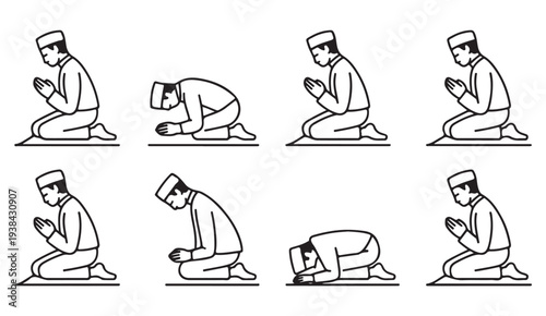 Islamic Salah Prayer Positions Step by Step Minimal Line Illustration Guide