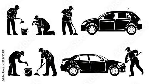 People performing various activities around two parked cars in a parking lot Vector