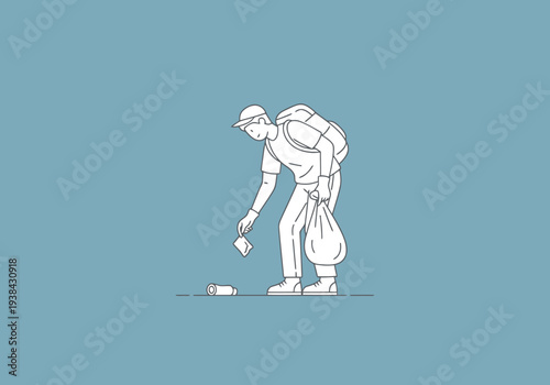 Man Collecting Litter While Walking Outdoors In A Park With Backpack Casual Outdoor Activity Person Cleaning Environment Simple Outline Art On Blue