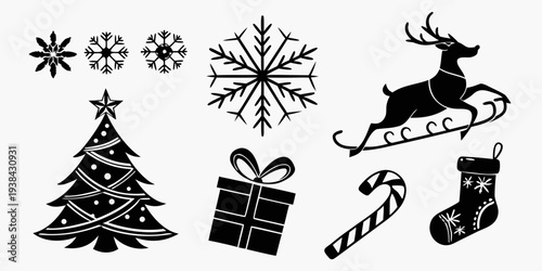 Winter holiday icons featuring a tree, snowflakes, a gift, and a sleigh Vector