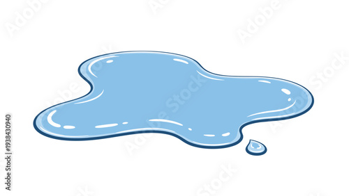 Simple blue water puddle illustration with reflections and a small droplet on a clean white background representing wetness.