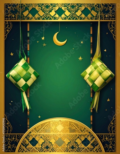Empty center space for text, decorative border with Ketupat woven palm leaves, Islamic geometric patterns, crescent moon and stars, Eid al-Fitr theme, green and gold colors, festive Islamic background