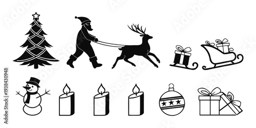 A festive scene featuring a person pulling a sleigh with a reindeer and various holiday items. Vector