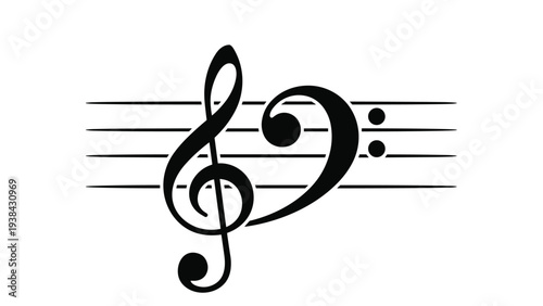 Artistic black musical symbol combining the treble and bass clef on horizontal staff lines representing music and harmony.