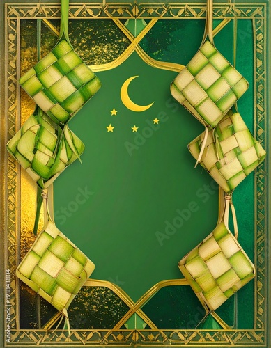 Empty center space for text, decorative border with Ketupat woven palm leaves, Islamic geometric patterns, crescent moon and stars, Eid al-Fitr theme, green and gold colors, festive Islamic background