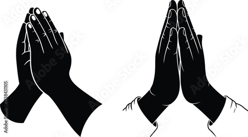 Black Silhouette And Line Art Vector Illustrations Of Human Hands Folded In Prayer Position Set