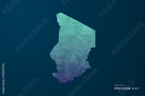 Chad Map - Polygon Style Vector Illustration with Teal Blue Gradient, Low Poly Geometric Design, Digital and Technology Inspired, Clean Silhouette on Dark Background.