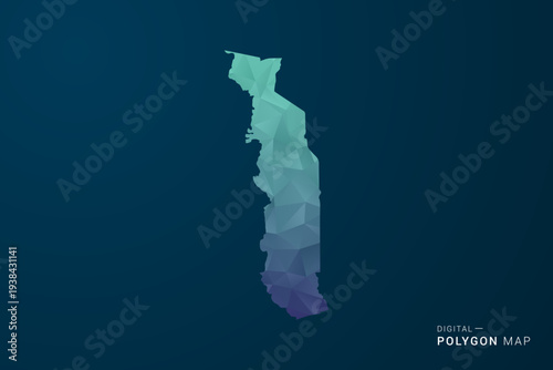 Togo Map - Polygon Style Vector Illustration with Teal Blue Gradient, Low Poly Geometric Design, Digital and Technology Inspired, Clean Silhouette on Dark Background.