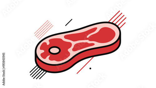 Raw beef steak illustration featuring white marbling and a small bone surrounded by abstract red and black decorative lines.
