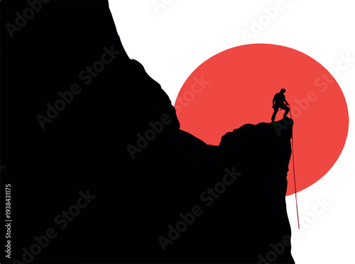 Ascent to triumph: A lone climber, silhouetted against a radiant crimson sun, achieves the summit. The image represents resilience, daring, and the thrill of personal triumph. 