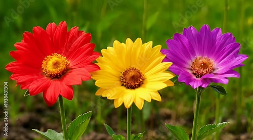 Vibrant trio of flowers in full bloom against a green backdrop