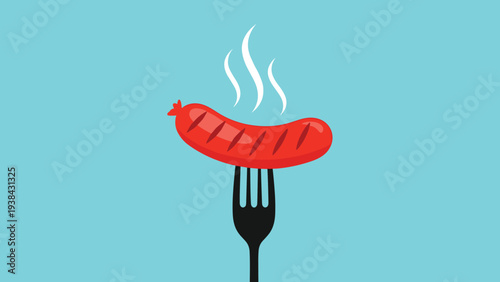 Red grilled sausage on a black fork with white steam wisps centered against a vibrant light blue background for food lovers.