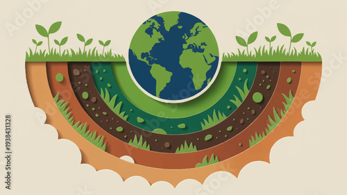 World soil day layered paper cut art of globe on soil layers with grass and plants on beige background