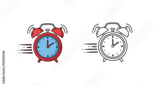 Illustration of a red ringing alarm clock with speed lines next to a black and white outline version for a deadline or wake up call.