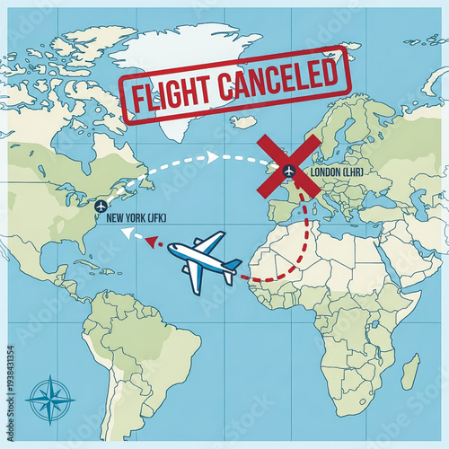 Vector art of a canceled flight from New York to London. Map shows the airplane turning back, symbolizing travel disruption and crisis. Vector illustration