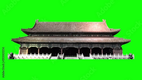 3D Forbidden City Chinese Palace Building Icon on Green Screen