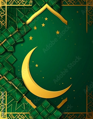 Empty center space for text, decorative border with Ketupat woven palm leaves, Islamic geometric patterns, crescent moon and stars, Eid al-Fitr theme, green and gold colors, festive Islamic background