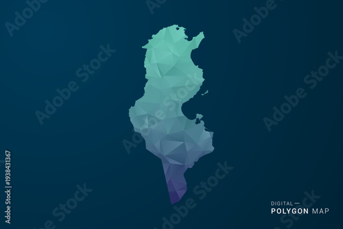 Tunisia Map - Polygon Style Vector Illustration with Teal Blue Gradient, Low Poly Geometric Design, Digital and Technology Inspired, Clean Silhouette on Dark Background.
