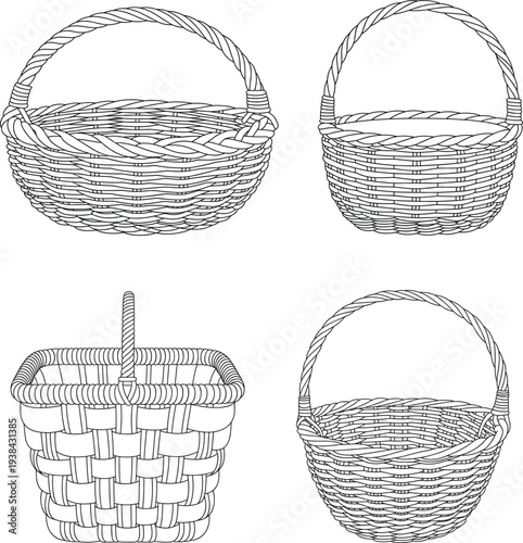 Set Of Four Woven Wicker Basket Vector Illustrations Featuring Detailed Traditional Braided Patterns And Handles