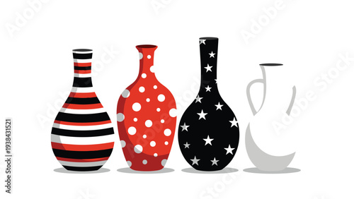Row of four ceramic vases featuring stripes, polka dots, stars, and a plain white version for interior decor inspiration.