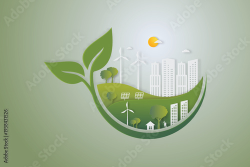 Green city and alternative renewable energy. ESG as environmental social and governance concept. sustainability Paper art Vector illustration.