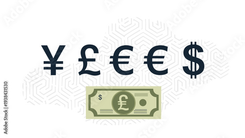 Collection of global currency symbols including Yen, Pound, and Euro next to a green pound sterling banknote on a textured background.