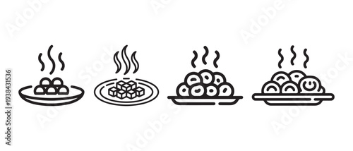 Hot Food Icons Set. Four Different Styles of Steaming Dishes on Plates, Simple Line Art Illustrations for Culinary Concepts.