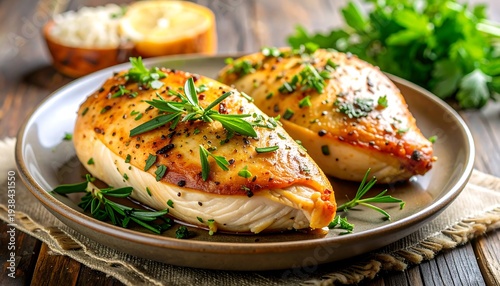 Two browned chicken breasts sit on a plate, garnished with herbs, and a blurred lemon dish sits behind