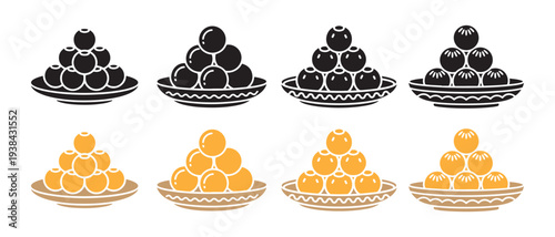 Food Stacks on Plates. Black and Yellow Geometric Icons, Vector Illustrations on White Background.