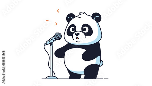 Adorable panda bear character standing next to a microphone on a stand as if ready to give a speech or perform a song.