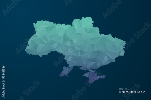 Ukraine Map - Polygon Style Vector Illustration with Teal Blue Gradient, Low Poly Geometric Design, Digital and Technology Inspired, Clean Silhouette on Dark Background.
