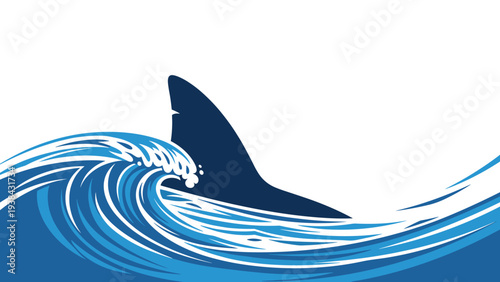 Blue silhouette of a shark fin emerging from a powerful breaking ocean wave representing danger or marine life adventure.