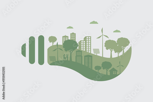 Green city and alternative renewable energy. ESG as environmental social and governance concept. eco landscape  flat design vector