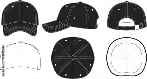 Baseball cap silhouette vector illustration with front, side, back, top, bottom views, fashion accessory artwork concept for headwear, apparel, clothing design reference