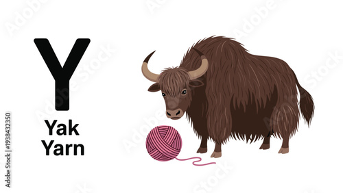 Educational alphabet poster for the letter Y featuring a large hairy yak and a ball of pink yarn with a string.