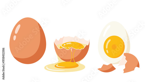 Collection of eggs showing a whole brown egg, a cracked egg with its yolk flowing out, and a halved boiled egg.