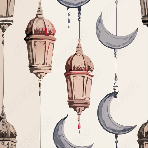 Illustration of hanging lanterns and crescent moons on strings against a light background with a festive and cultural theme.