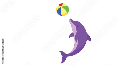 Purple dolphin jumping out of the water to play with a colorful striped beach ball in a fun, playful illustration.