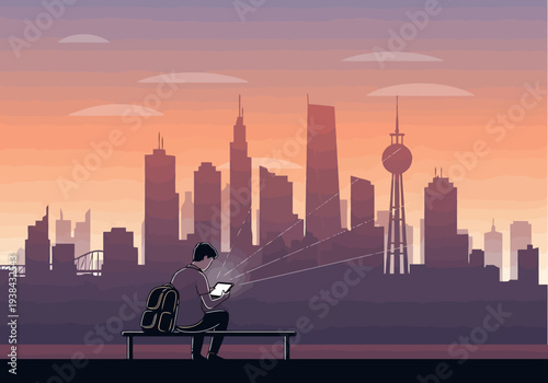 Young person with backpack uses tablet computer on bench overlooking city skyline at sunset with warm sky and clouds