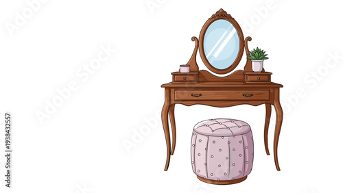 Classic wooden vanity dressing table featuring an oval mirror, drawers, a small plant, and a comfortable pink tufted stool.