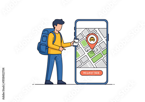 Young Man Using Mobile Application on Smartphone for Navigation and Ride Booking Showing Map Location for Transportation Service