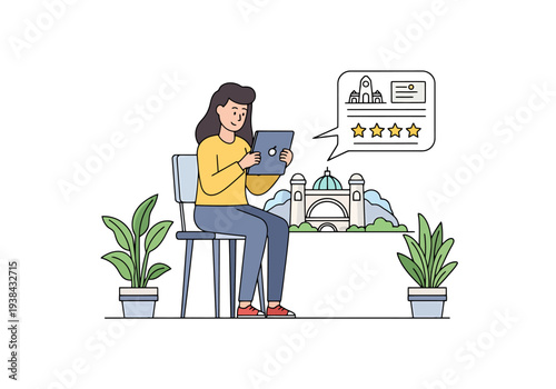 Woman reviewing travel destination on tablet with star rating and landmark background illustration for online booking services