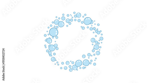 Perfect circular arrangement of clear blue soap bubbles of various sizes floating against a clean white background.