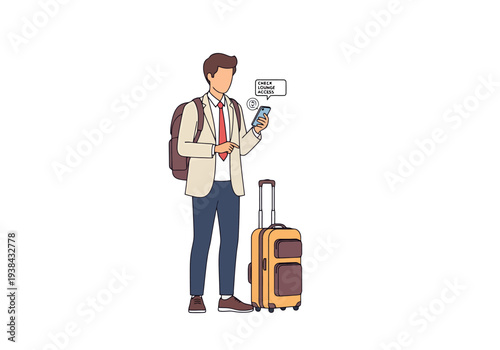 Young man using mobile phone with notification bubble while standing next to wheeled suitcase on white background in simple style drawing