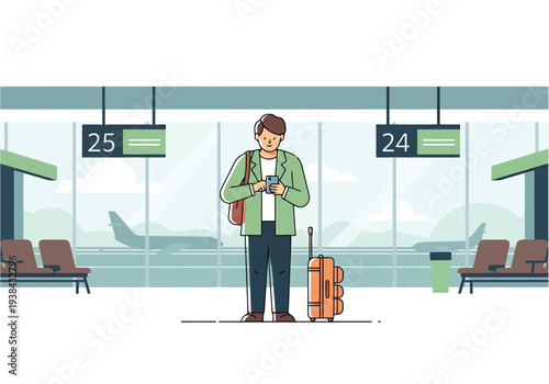 Man with luggage checks phone in airport terminal near departure gates awaiting flight with airplanes visible through large windows