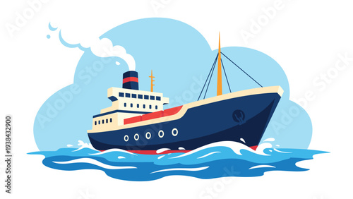 Large industrial ship or cruise liner sailing through blue ocean waves with white smoke billowing from its funnel.