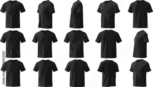 Black t-shirt silhouette vector illustration with multiple orientations, front, back, side, three-quarter views, fashion apparel design mockup, clothing artwork for retail catalog