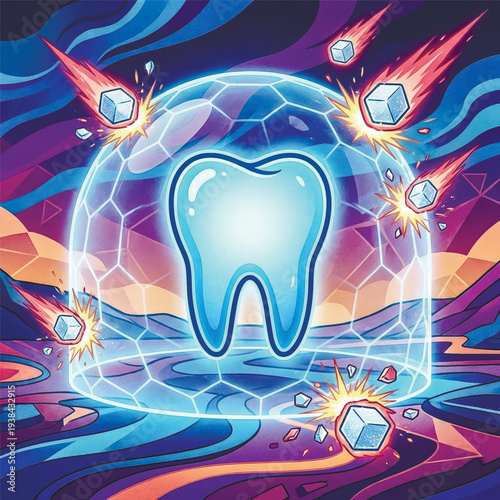 Vibrant art of a tooth's defense against sugar. Symbolizes dental protection, strong enamel, oral care, and fighting cavity-causing food. Vector illustration