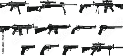 Black firearm silhouette vector illustration collection, rifles pistols shotguns revolvers side profile view, weapon design set for tactical, military, defense, security, law enforcement